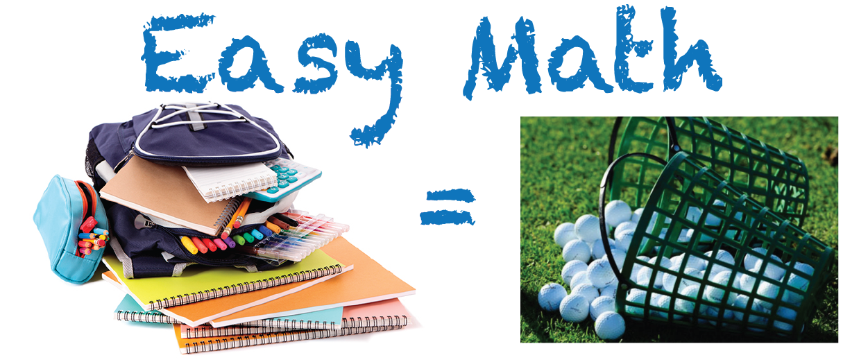 Image of school supplies with equal sign next to a medium bucket of golf range balls