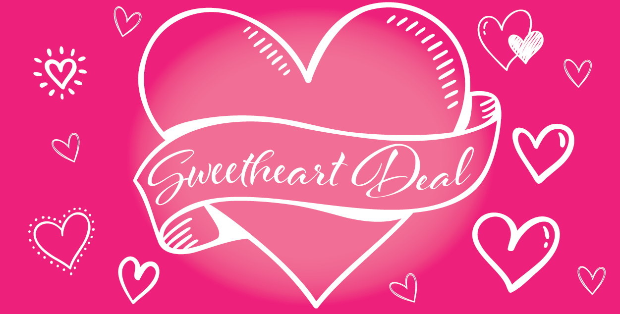 Sweetheart Deal headline on pink background with hearts