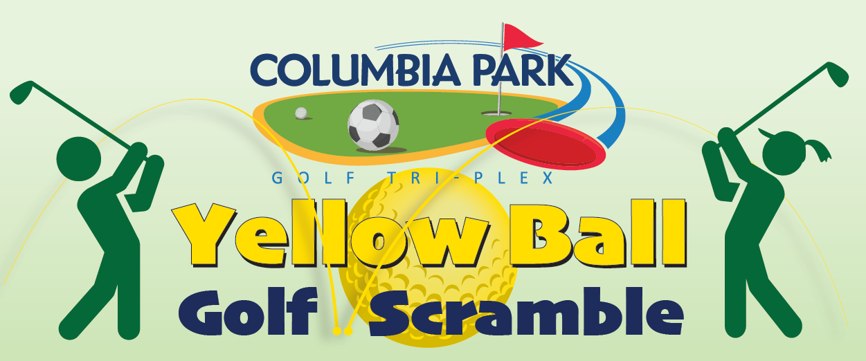 Yellow Ball Scramble Headline with illustration of golfers hitting yellow golf balls